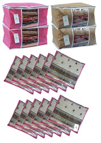 Product Cover HomeStrap Combo of Non Woven Saree Cover with Window & Single Saree Cover - Pink & Beige - Set of 16