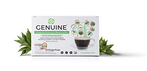 Product Cover GENUINE HEALTHY MUSHROOM Coffee for Immune Boost & Vitality; Organic Non-GMO Arabica Blend Stone-Ground Coffee, Medium Roast, Low Acid, 6 Medicinal Mushrooms Infused (12 Single Cup Pods)