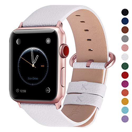 Product Cover Fullmosa Compatible Apple Watch Band 42mm 44mm 40mm 38mm Leather Compatible iWatch Band/Strap Compatible Apple Watch Series 5 4 3 2 1, 42mm 44mm White + Rose Gold Buckle