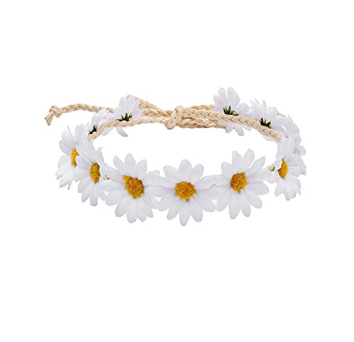 Product Cover Floral Fall Boho Sunflower Crown Hippies Daisy Hair Wreath Bridal Headpiece Photo Props DY-01 (White)