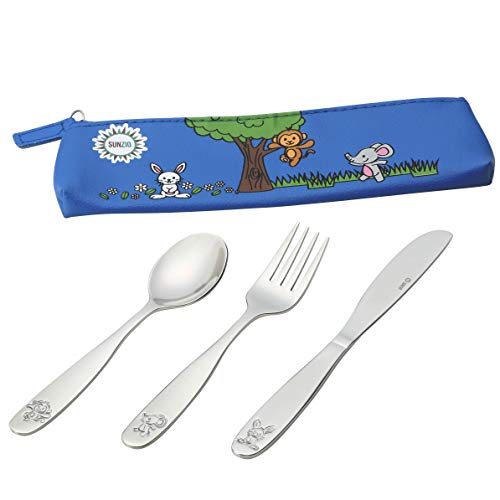 Product Cover 18/10 Stainless Steel Kids Silverware, Child and Toddler Safe Cutlery Flatware - 12 Piece Eating Utensil Set with 4 Knives, 4 Forks, 4 Spoons - Portable Travel Carrying Pouch Included