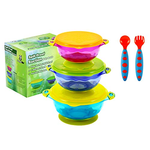 Product Cover PandaEar Stay Put Spill Proof Stackable Baby Suction Bowls 3 Sizes for Toddlers with Silicone Feeding Utensils and Secure Lids BPA Free