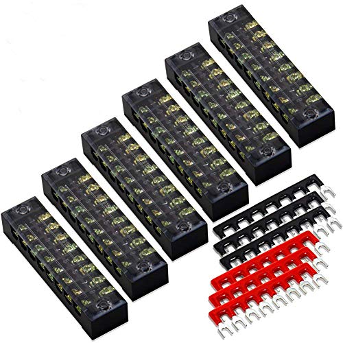 Product Cover 12pcs (6 Sets) 8 Positions Dual Row 600V 15A Screw Terminal Strip Blocks with Cover + 400V 15A 8 Positions Pre-Insulated Terminals Barrier Strip (Black & Red) by MILAPEAK