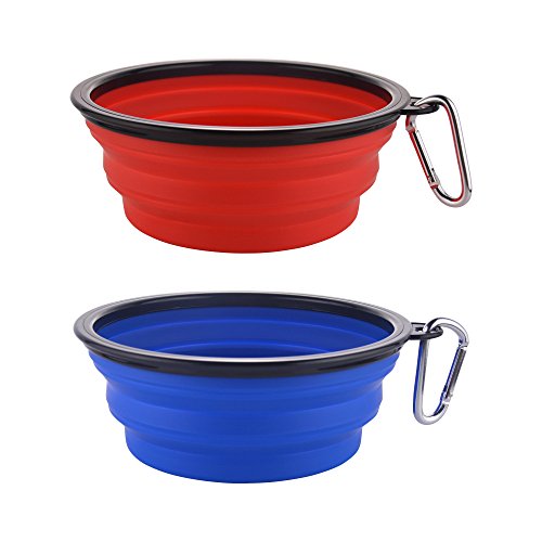 Product Cover Guardians Large Collapsible Dog Bowls, 34oz Portable Foldable Water Bowls Food Dishes with Carabiner Clip for Travel, 2 Pack (Large,34oz, 34oz-Blue&Red)