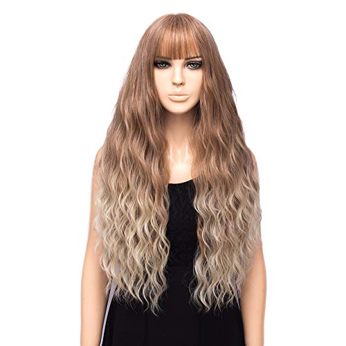 Product Cover netgo Women Strawberry Blonde Ombre Light Blonde Wigs with Bangs Natural Wave Long Curly Heat Resistant synthetic Wig 30