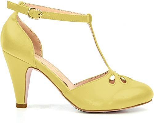 Product Cover Chase & Chloe New Kimmy-36 Women's Teardrop Cut Out T-Strap Mid Heel Dress Pumps