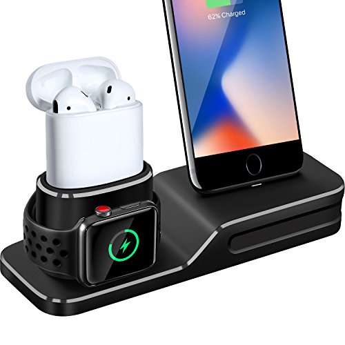Product Cover Charging Stand Compatible with Apple Watch, 3 in 1 Charging Station Silicone Compatible with iWatch Series 5/4/3/2/1, Airpods, iPhone 11/Xs/Xs Max/Xr/X/8/8 Plus/7/7 Plus/6 (Not Include Cable/Adapter)