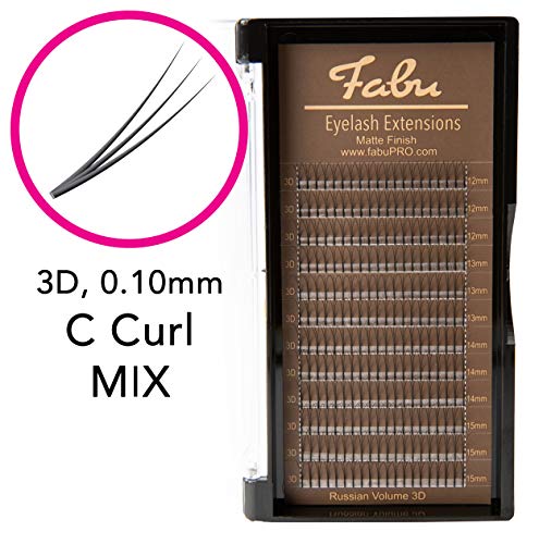 Product Cover Fabu Eyelash Extensions Russian Volume Premade 3D Fans, Thickness/Diameter 0.10, C Curl, MIX (12mm-15mm) Includes Lengths 12mm, 13mm, 14mm, 15mm
