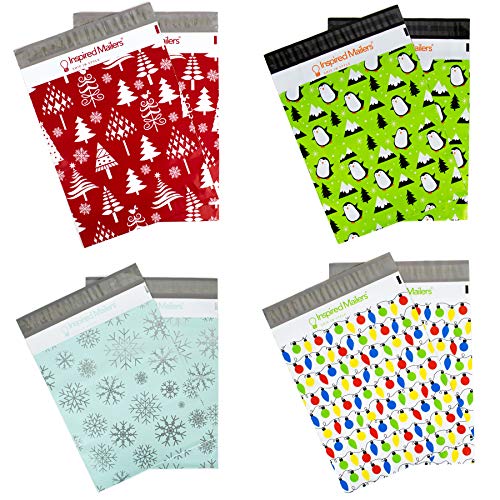 Product Cover Inspired Mailers - Poly Mailers 10x13 - Holiday Variety Pack of 40-10 Each: Penguins, Holiday Lights, Silver Snowflakes, Red Christmas Trees (10x13, 40 Pack)