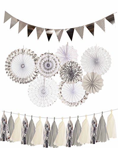 Product Cover Silver Engagement Decorations, Silver Paper Fans Decorations + Sparkly Paper Pennant Banner Triangle Flags+Tissue Paper Tassels Garland, Silver Party Decoration for Baby Shower, Birthday Party