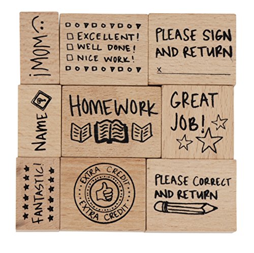 Product Cover Stamp Set for Teachers - 9-Piece Wood Mounted Rubber Stamps, Paper Grading Stamps for Teacher's Notes, Encouragement, Classroom Supply, School Supply