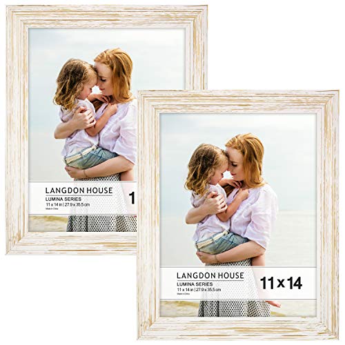 Product Cover Langdon House 11x14 Real Wood Picture Frames (2 Pack, Weathered White - Gold Accents), White Wooden Photo Frame 11 x 14, Wall Mount or Table Top, Set of 2 Lumina Collection