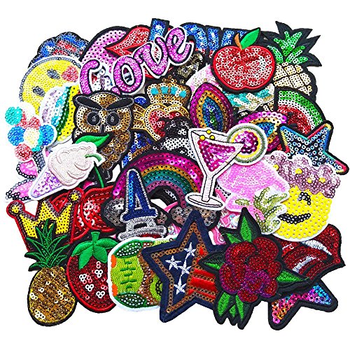 Product Cover Qingxi Charm 32pcs Assorted Styles Sequins Sewing on/Iron on Embroidered Patches Clothes Dress Hat Pants Shoes Curtain Sewing Decorating DIY Craft Embarrassment Applique Patches (Sequins 32pcs)
