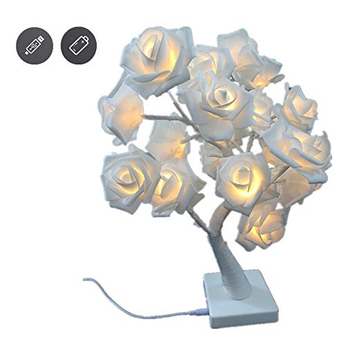 Product Cover 24LEDs Table Lamp Lights 14.4Ft Desk Light Flower Rose Tree TWO Mode Powered via USB Port and Battery for Home Decorations Home Decor Whtie Rose Color Lights