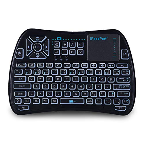 Product Cover iPazzPort RGB Backlit Mini Wireless Keyboard with Touchpad Mouse and IR Learning TV Remote Combo, 2.4GHz USB Keyboard for Android TV Box, Nvidia Shield TV, Smart TV, Raspberry Pi, Black KP-810-61