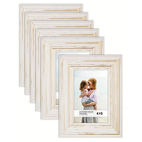 Product Cover Langdon House 4x6 Real Wood Picture Frames (6 Pack, Weathered White - Gold Accents), White Wooden Photo Frame 4 x 6, Wall Mount or Table Top, Set of 6 Lumina Collection