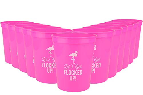 Product Cover Let's Get Flocked UP! Set of 12 Pink and White 16oz Stadium Cups, Perfect for Birthday Party, Bachelorette Party, and Bridal Showers Let's Flamingle (Pink)