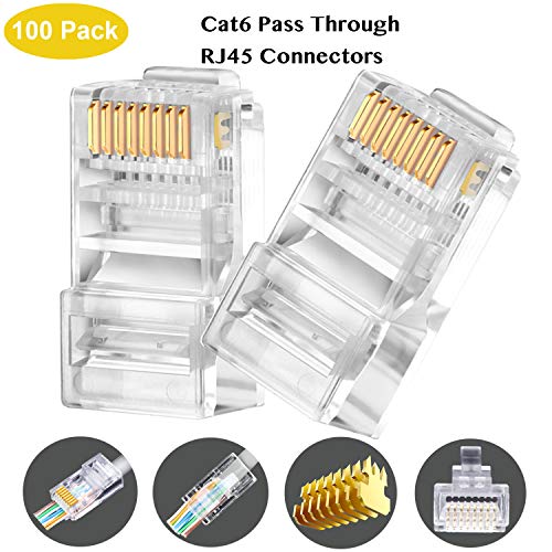 Product Cover RJ45 CAT6 Pass Through Connectors 100 Pack - Easy and Fast Termination - Gold Plated 3 Prong 8P8C Modular Ethernet UTP Network Cable Plug End for Cat6 Cat5e