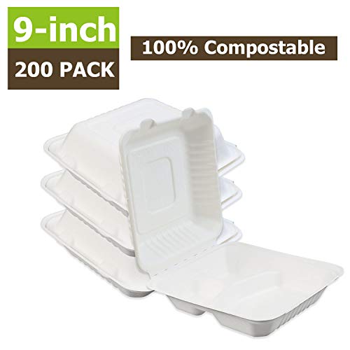 Product Cover Green Earth 9-inch, 200-Count, 3-Compartment, Compostable Clamshell, Natural Bagasse (Sugarcane Fiber), Take-Out/to-Go Food Boxes - Biodegradable Containers, Hinged Lid - Microwave-Safe - Gluten-Free