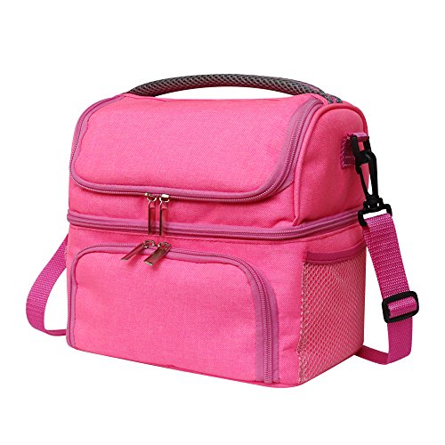 Product Cover Pink Insulated Lunch Bag for Girls or Women, With Dual Waterproof Compartments,Capacity Cooler Tote, for Breakfast/Tiffin/Dinner, Thermal/Warm/Heated Medium Bag with Handle and Detachable Strap (Pink)