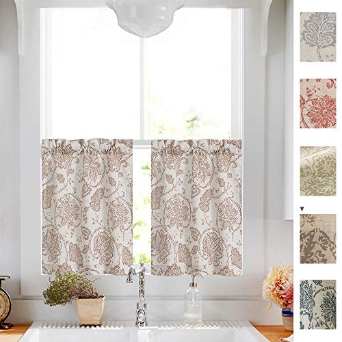 Product Cover Tier Curtains Floral Scroll Printed Linen Curtains Tiers Ikat Flax Textured Medallion Design Jacobean Floral Curtains Retro Living Room Curtain Sets 36 Inches Long Taupe 2 Panels