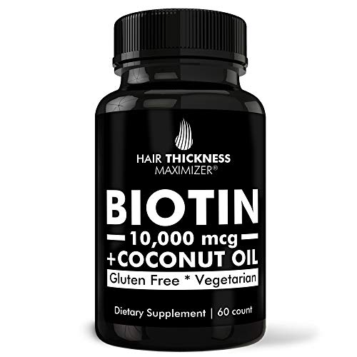 Product Cover Biotin 10000mcg Vitamins with Organic Coconut Oil by Hair Thickness Maximizer. Hair Growth Vitamin Supplement for Men, Women. Made in USA. Combats Hair Loss and Thinning Hair. Vegetarian, Zero Gluten