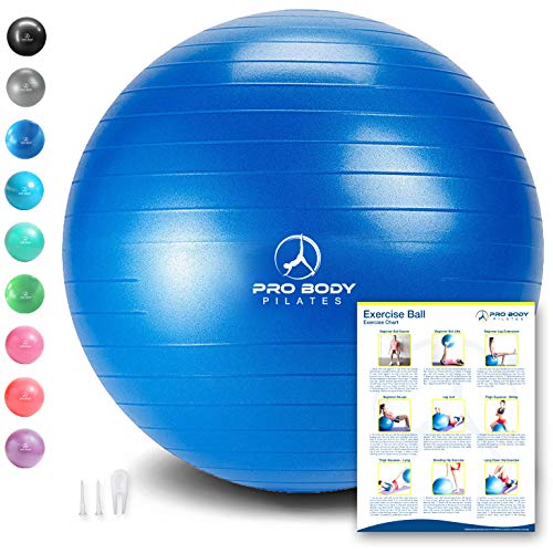 Product Cover ProBody Pilates Exercise Ball - Professional Grade Anti-Burst Fitness, Balance Ball for Yoga, Birthing, Stability Gym Workout Training and Physical Therapy - Work Out Guide (Blue (No Pump), 55 cm)