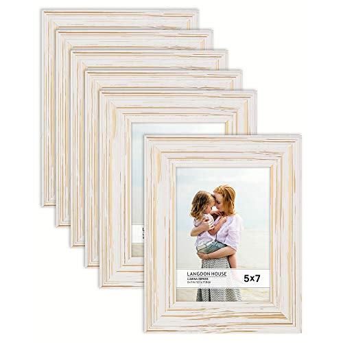 Product Cover Langdon House 5x7 Real Wood Picture Frames (6 Pack, Weathered White - Gold Accents), White Wooden Photo Frame 5 x 7, Wall Mount or Table Top, Set of 6 Lumina Collection