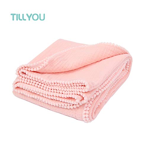 Product Cover TILLYOU 100% Soft Cotton Muslin Swaddle Blanket with Pom Pom, 44