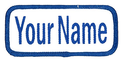 Product Cover Name Patch Uniform Work Shirt Personalized Embroidered White with Blue Border. Iron on.