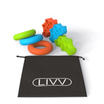 Product Cover LIVV FITNESS Premium Finger Stretcher and Grip Strength Trainer Kit - Strengthens Fingers, Forearm, Wrist and Grip - 3 Level Finger Resistance Bands and Hand Grip Workout Rings with Carry Bag (6 Pack)