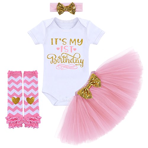 Product Cover It's My 1st / 2nd Birthday Outfit Baby Girl Romper Tutu Skirt Glitter Sequin Bowknot Headband Leg Warmers Clothes 4pcs Set Cake Smash Photography Props Pink 1st Birthday 1 Year Old
