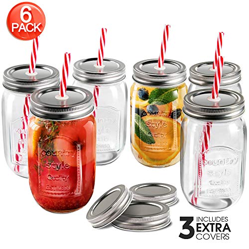 Product Cover Mastertop 6 Pcs 16oZ Mason Drinking Jars with Lids 100% Recycled Glass Bottles and Drinking Straws with 3 Extra Free Sealing Lid