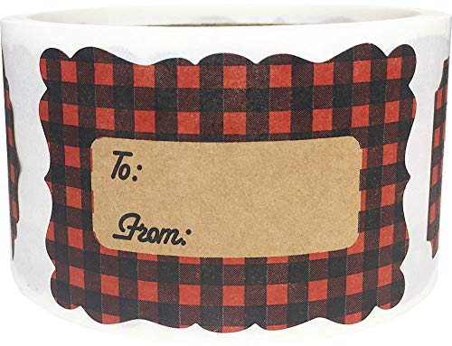 Product Cover Red Buffalo Plaid Natural Kraft Christmas Gift Tags Holiday Present Stickers 2 x 3 Inch 100 Total Labels