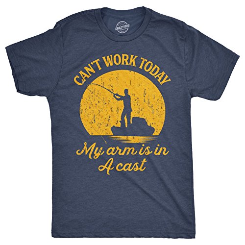 Product Cover Mens Can't Work Today My Arm is in A Cast T-Shirt Funny Fishing Graphic Top Guys (Heather Navy) - L