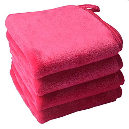 Product Cover Sinland Microfiber Makeup Remover Cloth Face Cloths Facial Cleaning Towels Fast Drying Washcloth 400 gsm 9.8Inchx9.8Inch 4 Pack Dark Pink