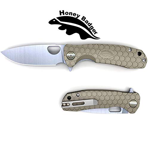 Product Cover Honey Badger Flipper Knife Pocket Knife Liner Lock Folding Knife Tactical Hunting Fishing Camping Fruit Knife FRN Handle Deep Pocket Carry Clip (Tan, Small 2.57oz - 3.7
