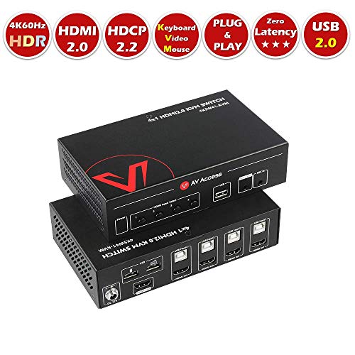 Product Cover AV Access KVM Switch Switcher HDMI 2.0 4 Port, 4K60Hz YUV444 18Gbps, 4x1 USB 2.0 Keyboard/Mouse/Printer/Monitor/PC selector, Audio Out/Mic in, HDR10, Dobly Vision, Dolby/DTS, HDCP2.2, 4 Input 1 Output
