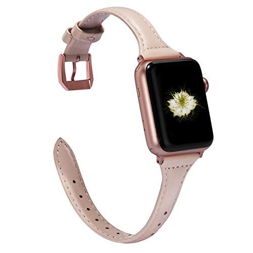 Product Cover Wearlizer Nude Pink Thin Leather Compatible with Apple Watch Band 38mm 40mm for iWatch Womens Slim Sport Strap Replacement Wristband Leisure Small Bracelet (Rose Gold Metal Clasp) Series 5 4 3 2 1