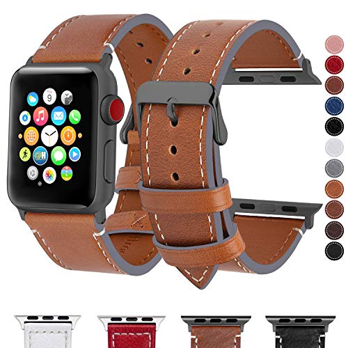 Product Cover Fullmosa Compatible Apple Watch Band 44mm 42mm 40mm 38mm Genuine Leather iWatch Bands, 42mm 44mm Light Brown + Smoky Grey Buckle