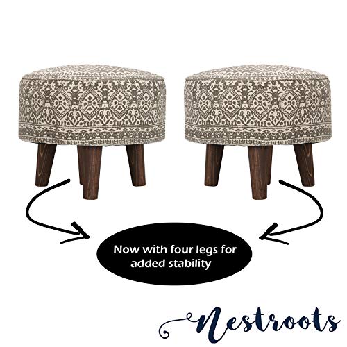 Product Cover Nestroots Printed Ottoman Cushion Footrest Stool Pouf - 4 Wooden Legs Added Stability (Off-White Printed, Set of 2)