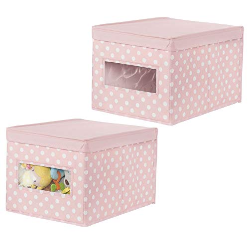 Product Cover mDesign Soft Stackable Fabric Closet Storage Organizer Holder Box - Clear Window, Attached Hinged Lid, for Child/Kids Room, Nursery, Playroom - Polka Dot Print - Large, 2 Pack - Pink with White Dots