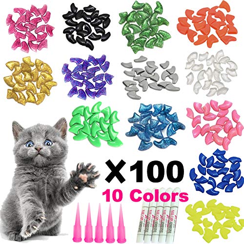 Product Cover YMCCOOL 100pcs Cat Nail Caps/Tips Pet Cat Kitty Soft Claws Covers Control Paws of 10 Nails Caps and 5Pcs Adhesive Glue 5 Applicator with Instruction