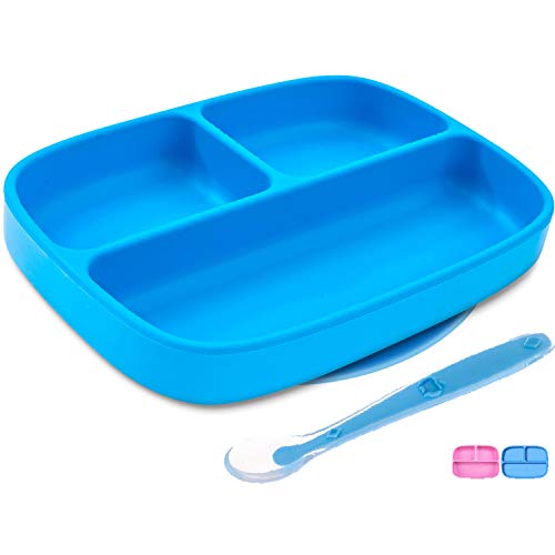 Product Cover Silikong Suction Plate for Toddlers + Silicone Spoon | BPA Free, FDA Approved | Microwave, Dishwasher and Oven Safe | Stay Put Divided Baby Feeding Bowls and Dishes for Kids and Infants (Blue)