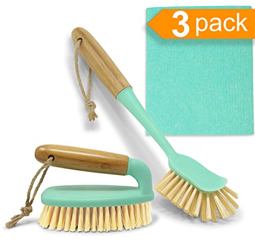Product Cover Scrub Brush Dish Scrubber Set - Long Bamboo Handle Scraper for Kitchen or Bathroom Cleaning - Bottle Brush & Swedish Dishcloth for Dish Washing Scrub Plates, Shower, Floor Tile, Tumblers, Instant Pot