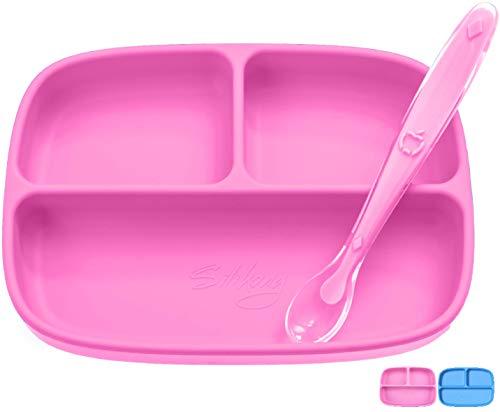 Product Cover Silikong Suction Plate for Toddlers + Silicone Spoon | BPA Free, FDA Approved | Microwave, Dishwasher and Oven Safe | Stay Put Divided Baby Feeding Bowls and Dishes for Kids and Infants (Pink)