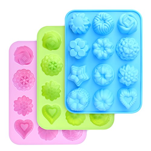 Product Cover homEdge Food Grade Silicone Flowers Molds, Baking Pan with Flowers and Heart Shape Non-Stick FDA Approved 3-Pack Silicone Molds for Chocolate, Candy, Jelly, Ice Cube, Muffin (Pink, Blue and Green)