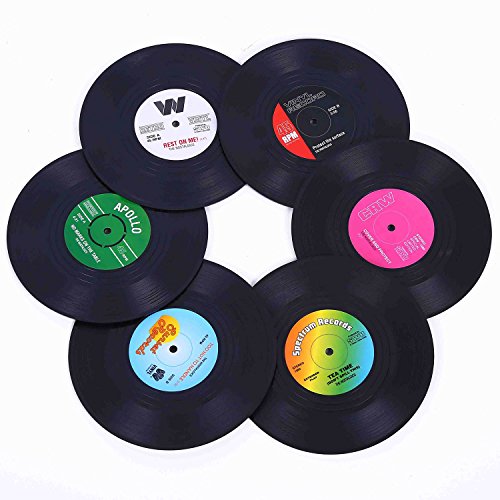 Product Cover Ankzon Coasters for Drinks with Gift Box - Set of 6 Colorful Retro Vinyl Record Disk Coasters with Funny Labels-Prevent Furniture from Dirty and Scratched-4.2 Inch
