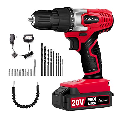 Product Cover Avid Power 20V MAX Lithium Ion Cordless Drill, Power Drill Set with 3/8 inches Keyless Chuck, Variable Speed, 16 Position and 22pcs Drill/Driver Bits