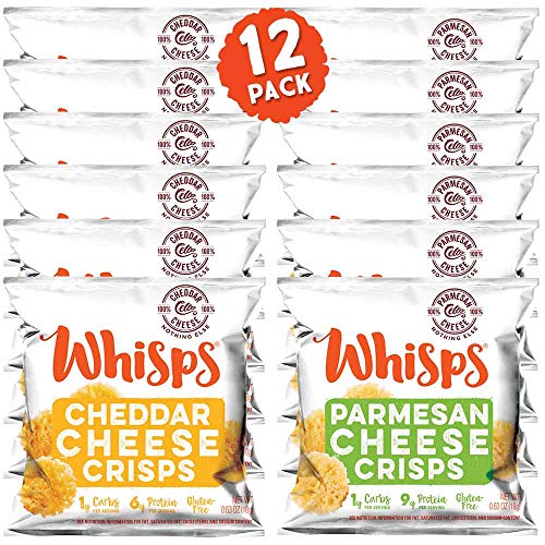 Product Cover Whisps Cheese Crisps Single Serve 12 Count Variety Pack |Back to School Snack, Keto Snack, Gluten Free, Sugar Free, Low Carb, High Protein| 6 Parmesan and 6 Cheddar (12 x 0.63oz)
